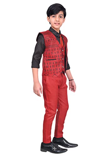 Image of AHHAAAA Cotton Blend Kids Ethnic Waistcoat Shirt and Pant with Tie Set for Boys 623
