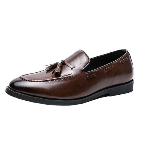 Men's Formal Tassel Loafers Spanish Leather Prom Slip On Pointed Toe Anti-Slip Office Business Shoes(Brown,6.5)