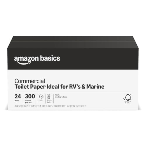 Amazon Basics FSC certified paper 2-Ply White Quick Dispensing Toilet Paper for RV's & Marine, Waste-Tank Compatible, 300 Sheets per Roll - 24 Rolls (Previously AmazonCommercial)