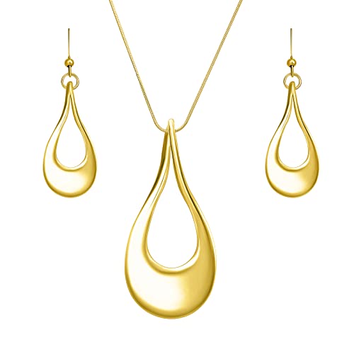 Madison Tyler Gold Plated Jewelry Set for Women | Cutout Gold Teardrop Necklace Pendant Necklace with Snake Chain | Dangle Earring Set | Gift for Women