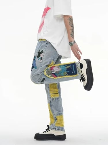 Men Painting Embroidered Patch Washed Pleated Straight Tassels Ripped Jeans4