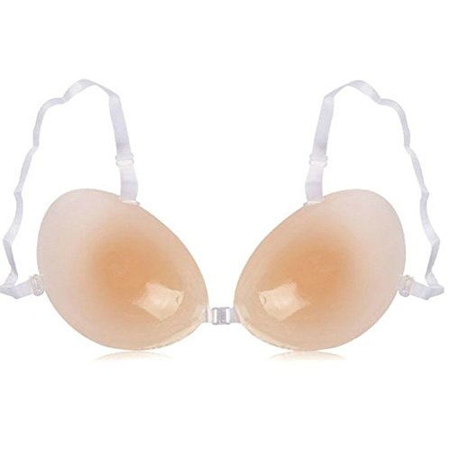 360 Beauty Silicone Invisible Bra Self Adhesive Reusable Push-up Bras (Double Thickness-Cup D, Beige-Clear Straps)