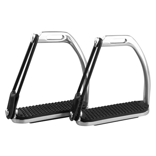 EQUSPUR Safety Horse Riding Stirrups 1 Pair, Silver Polish Stainless Steel Stirrups with Treads, English Equestrian Safety Stirrups for Riding Saddle Adult (4-3/4 inch)
