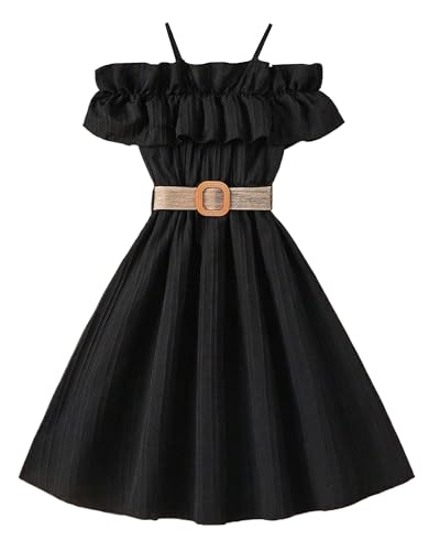 Happy Cherry Teens Girl Ruffle Trim Sleeveless Guest Dress with Belt Spaghetti Strap Dance Sundress Summer Casual Off Shoulder Dresses Midi Flowy Dress Black 11-12 Years