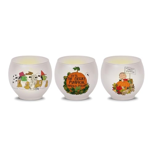Mark Feldstein Peanuts Its The Great Pumpkin Round Glass Votives with Flameless LED Tea Lights (Set of 3)