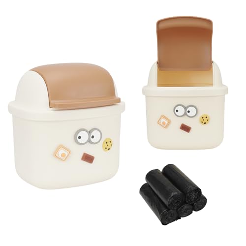 IBEQUEM Mini Table Trash Can,Small Desktop Rubbish Bin with Lid,Portable Garbage Box with 5 Rolls of Liners,Cartoon Waste Storage for Office Bedroom Desk Car Kitchen (Brown)