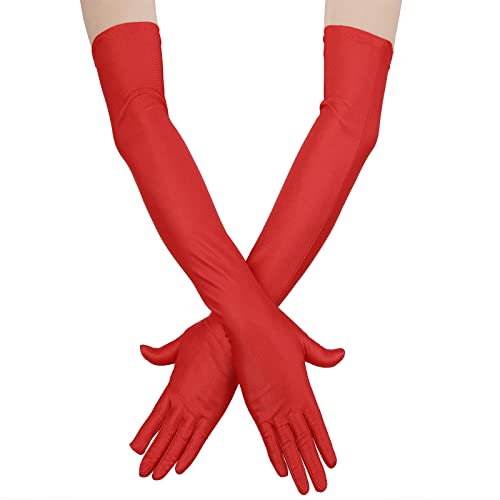 Yolev Gants Rouges Longs en Satin pour Femmes Opéra Gants Femme de Danse Mariée Extensibles Rouges Taille Adulte Longueur Totale 20,47
