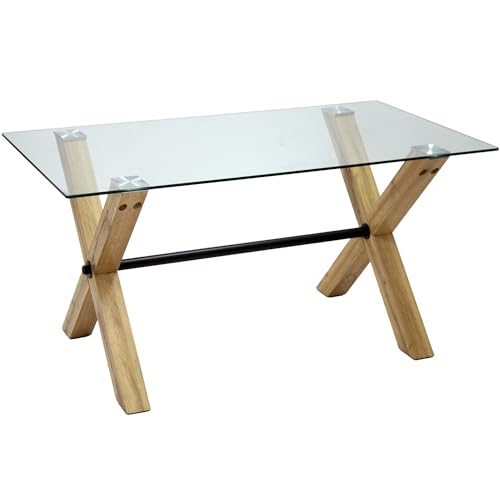 DRW Table de Salle à Manger en Bois MDF et Verre Naturel et Transparent 150 x 80 x 76 cm, 150x80x76cm
