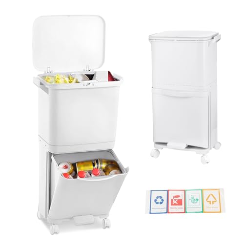 Cubo De Basura Cocina Multinivel 38L, Cubo De Basura De Reciclaje Con Ruedas Bloqueables, Diseño Vertical Ahorrador Espacio, Separación Residuos Seco Húmedo, 2 En 1 Contenedor De Basuras De Cocina