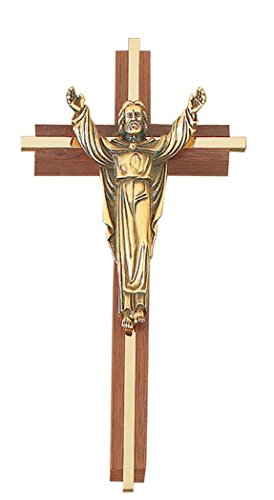 Walnut Wood Crucifix with Gold Tone Inlay Cross and Risen Christ Corpus, 8 Inch