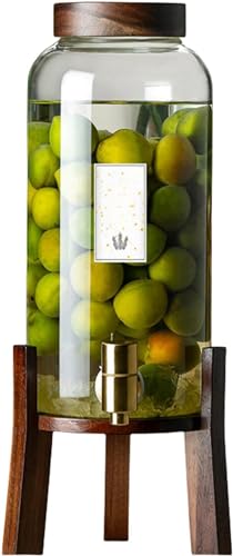Demanca ドリンクサーバー 蛇口付き ガラス製 大容量3L/4L/5L/6L 冷水筒 貯蔵容器 飲料水バケット梅酒 ジュース ビール密閉タンク レストラン パーティー ホテルに最適 飲料収納 家庭用/業務用 木製カバー蛇口 + 無垢材ベース (6L)