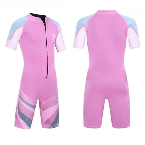 ZCCO Kids Shorty Wetsuit 2.5mm Neoprene Suit, Short Sleeve One Piece Youth Boy/Girl Suit for Swimming, Surfing, Diving Water Sports(DK-PK-XS)