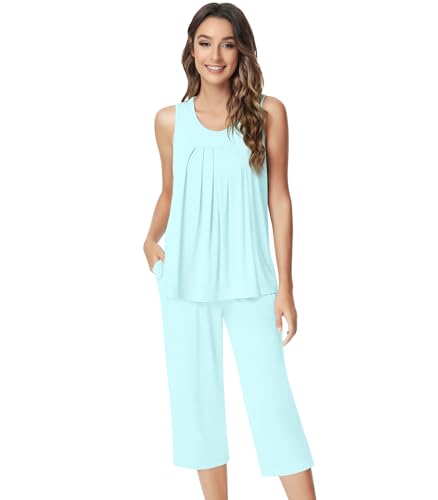 Image of NACHILA Pajamas for Women-Viscose Made from Bamboo, Sleeveless Pjs Tank Top Capri Pants Pajama Sets Cooling Sleepwear
