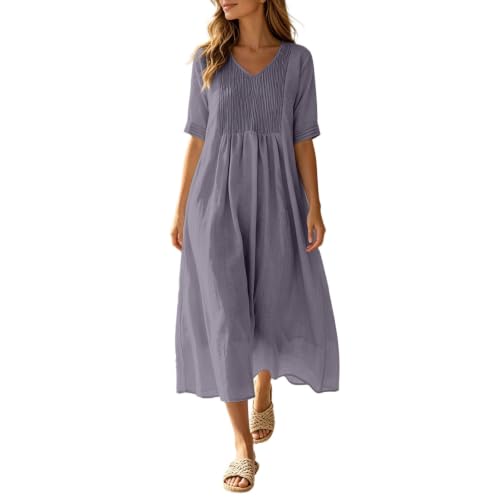 Robe d'été coton et lin col en V à manches mi-longues pour femme
