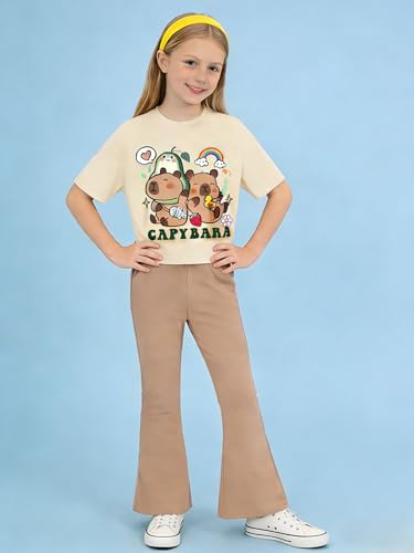 Image of Ayzozuy Tween Girls 2 Piece Outfits Short Sleeve Cartoon Graphic T-Shirt & Flared Pants Kids Clothing Set Size 8-13 Years