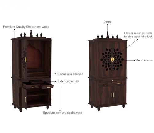 Image of Wooden Temple for Home | Big Pooja Mandir, Puja Ghar with 2 Drawer Storage, 4 Door Cabinet & Dhoop Batti Slider Stand | Solid Wood Sheesham Temple | Big puja mandir (G-Walnut)