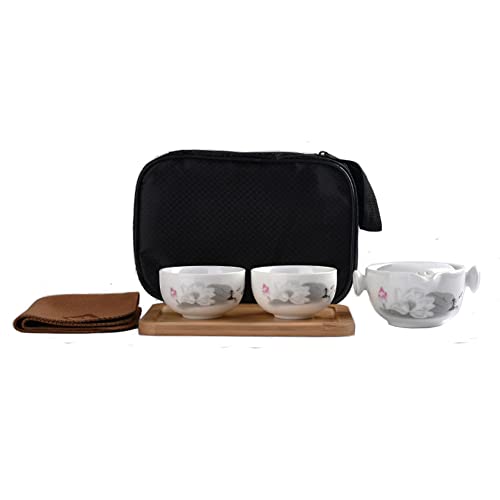 Image of Convenient Teapot Cup Porcelain Teacup White Glazed Travel tea set (Ink Lotus set)