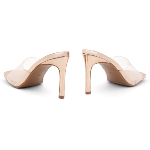 Image of Shoe Land Melrose Women's High Heels Stiletto Heeled Slides, Square Open Toe One Band Slip-On Heeled Mules - Dressy Clear Heeled Sandals for Prom Party Wedding and Vacation