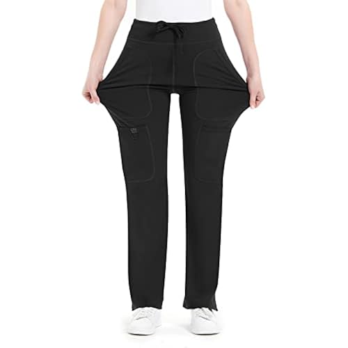 QBK Yoga Scrub Pants Women Mid Rise Yoga Work Pants- Five Pocket Cargo Scrub Pant