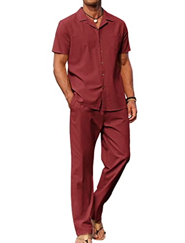 Image of COOFANDY Men 2 Piece Linen Outfit Beach Button Down Shirt Casual Loose Pant Sets