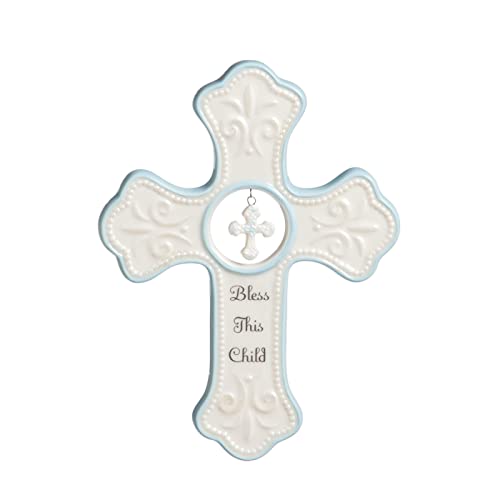 Image of DEMDACO Bless This Child Wall Cross - Blessing Cross for Baby - Faith Nursery Decor - Gift for Newborn - Religious Christian Wall Hanging - Porcelain - Gift Box Packaging - Blue