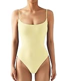 SUUKSESS Women Sexy Square Neck Thong Bodysuit Backless Sleeveless Basic Cami Body Suit Top (Pale Yellow, S)