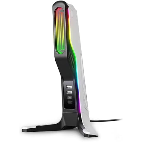 IFYOO RGB Gaming Headset Stand with 2 USB and 1 Type-C Ports, Game Headphone Mount for PC Computer, Xbox One, Xbox Series S/X, PS5, PS4, Earphone Holder Hanger, Desk Gamer Accessories, Black&White Cover
