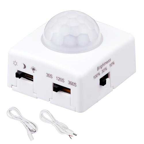 GOMING DC 5V 12V 24V Dimmable PIR Human Motion Activated Sensor Switch 3 Lighting Modes 3 Timing Off Modes 3 Brightness Modes for DIY LED Lighting(Max Load 72W)