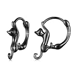 MUNDELL 925 Sterling Silver Black Golden Cat Huggie Hoop Earrings for Cat Lovers Hypoallergenic Hoop Earrings Statement Fine Jewelry