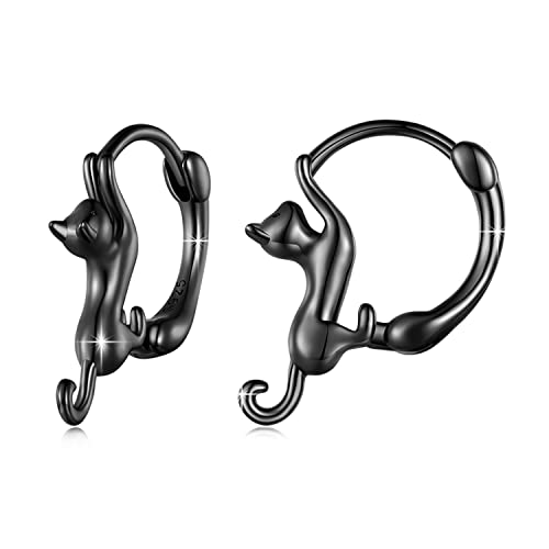 MUNDELL 925 Sterling Silver Cute Cat Huggie Hoop Earrings for Cat Lovers Hypoallergenic Hoop Earrings Statement Fine Jewelry