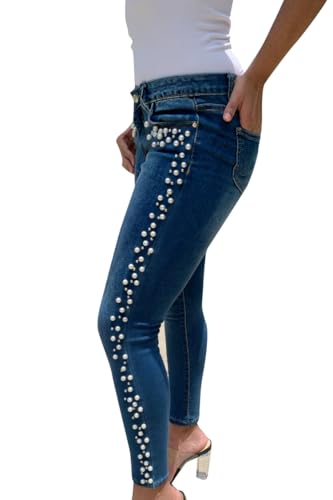 LifeShe Women's Pearls Jeans Mid Waisted Skinny Denim Pants Stretch Slimming Jeggings Plus Size3