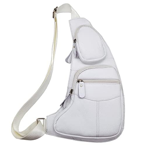 Small Leather Sling Bag Casual Crossbody Daypack for Men Women Outdoor Travel Camping Hiking Fishing Shoulder Chest Pack (White)2