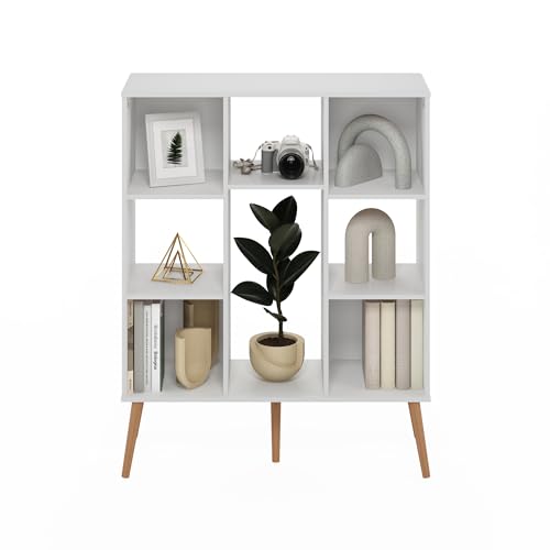 Image of Furinno Claude Mid Century Style Book Shelf, 8-Cube Bookshelf, Cube Storage Organizer Bookcase with Wood Legs, 10.9 x 31.5 x 39.3, for Living Room, Bedroom, Home Office, White
