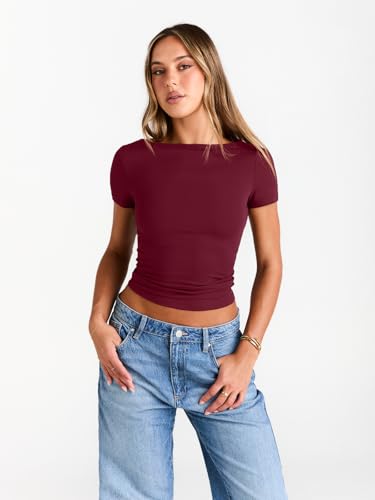 Image of Trendy Queen Womens Boat Neck Tops Short Sleeve Shirts | Compression Basic Tops,Y2K Aesthetic Slim Fit,Professional Business Casual, Polished Teacher Outfits