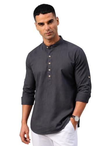 Image of Majestic Man Men's Pure Cotton Solid Mandarin Collar Slim Fit Roll-Up Sleeves Short Kurta Lightweight Summer Kurta for Daily & Occasion Use