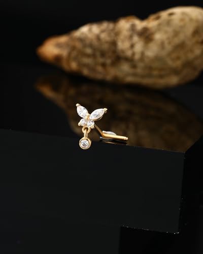 Jewseen 14K Gold Nose Rings 20g L Shaped Nose Stud Dangle Nose Piercing Jewelry Butterfly Nostril Ring for Women4