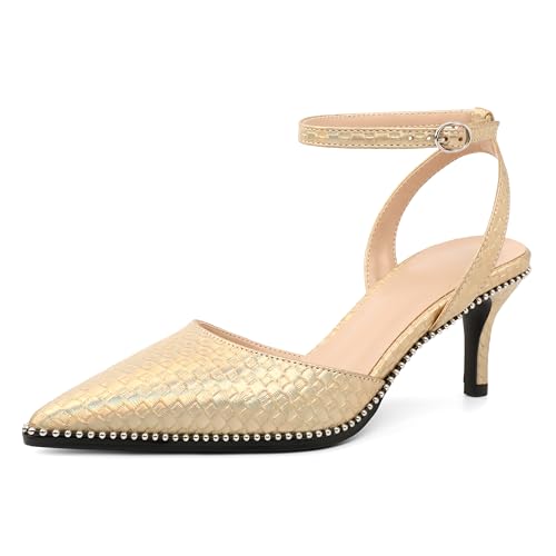 Image of SAMMITOP Kitten Heels for Women Low Heel Closed Toe Ankle Strap Pumps Wedding Party Beaded Dress Shoes 2.4 Inch