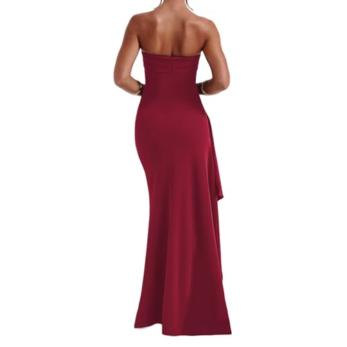 Image of Women's Off Shoulder Backless Ruched Bodycon Dress Sexy Strapless High Split Long Maxi Dresses for Party Cocktail