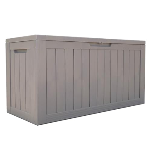 屋外収納庫 300L 蓋サポート付き 樹脂製 大容量 防水/耐候 物置 ベンチ ガーデンストッカー 置き配ボックス 頑丈 南京錠対応 おしゃれ 木目調 ブラック (ブラウン)