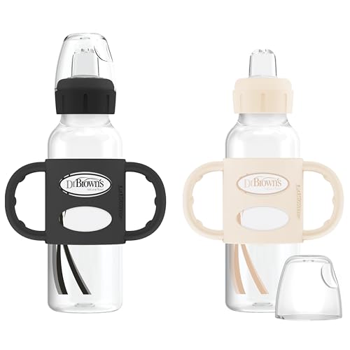 Image of Dr. Brown's Milestones Narrow Sippy Spout Bottle with 100% Silicone Handles, Easy-Grip Handles with Soft Sippy Spout, 8oz/250mL, Black & Ecru, 2 Count (Pack of 1), 6m+