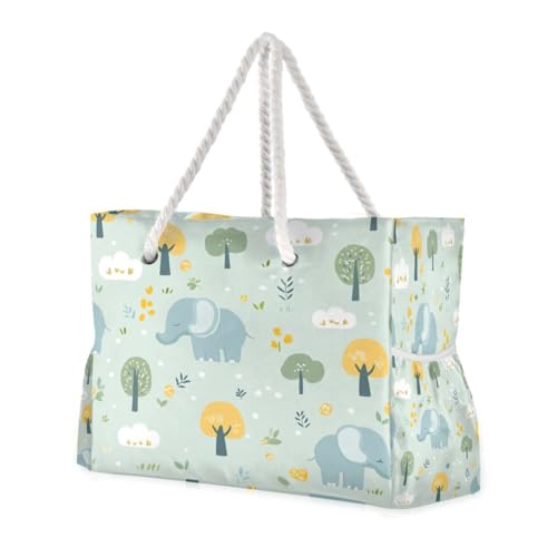 Cute Elephant and Clouds (1) Beach Bag & Travel Tote Bag Large Sandproof with Zipper Closure, Wet Pouch for Swim Gym Travel, Lightweight Foldable Outdoor Bag