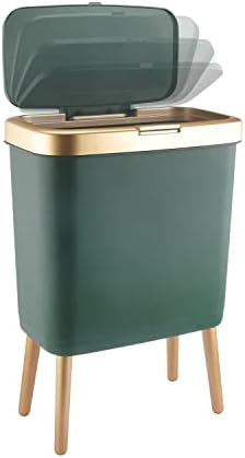 Trash Can with Lid, Plastic Garbage Can with Push Button, Modern Waste Basket for Kitchen, Slim Bedroom Garbage Bin , 15L Bathroom Trash Can for Home, Living Room, Toilet, Office (Gold Edge)