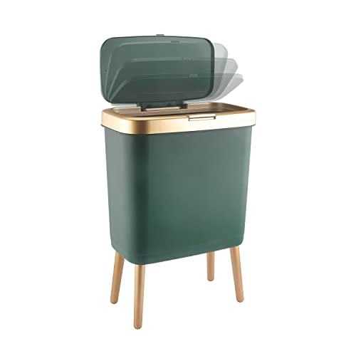 Trash Can With Lid, Plastic Garbage Can With Push Button, Modern Waste Basket For Kitchen, Slim Bedroom Garbage Bin , 15L Bathroom Trash Can For Home, Living Room, Toilet, Office (Gold Edge) #TOP3