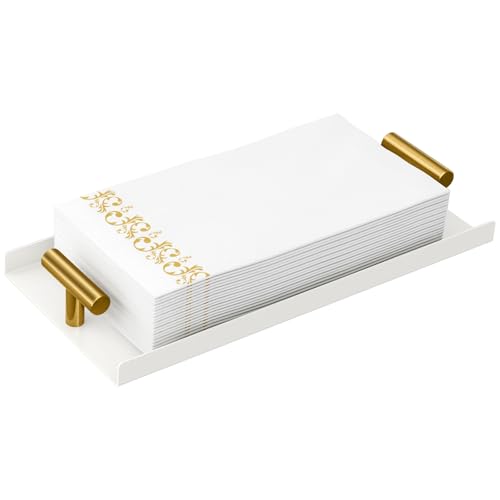 STWWO Napkin Holder for Bathroom Guest Towel Holder Tray for Bathroom White Guest Napkin Holders with Golden T-Handle Disposable Hand Towel Tray for Guest Room Table Kitchen