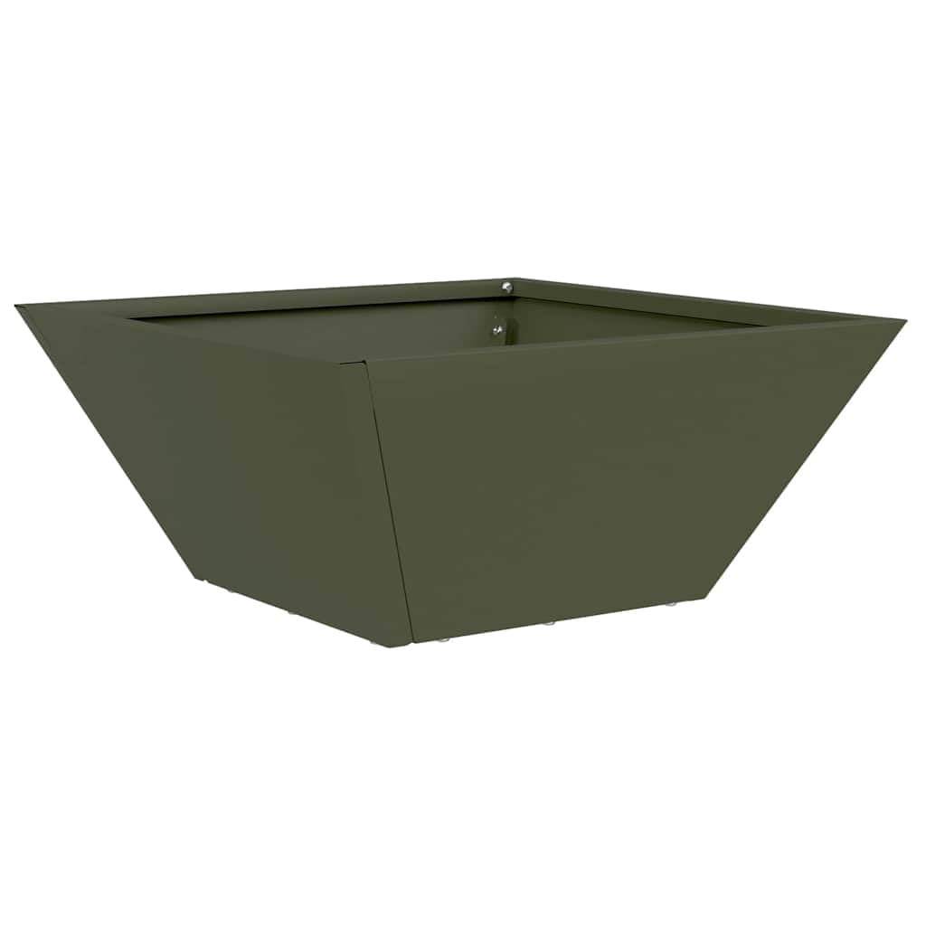 Doniczka ogrodowa Zielony oliwkowy 35 x 35 x 15 cm metalowa nowoczesna trapezowa donica na kwiaty na taras i do ogrodu stal zimnogieta łatwy montaz