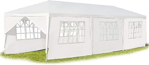 GOPLUS Carpa de jardín de 3x9 m, Cenador Plegable Impearable con Estructura metálica, Lona de PE, 6 Paneles Laterales Desmontables y 2 Entradas, Pabellón Exterior para Bodas, Fiestas (Blanca, 9x3m)