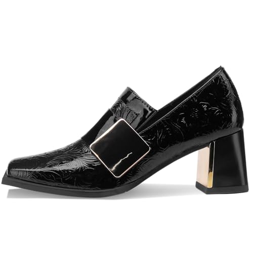 Image of Loafers for Women Patent Leather Buckle Square Toe Chunky Block Dress Slip On Wide Casual Comfortable Dressy High Heels Ladies Comfort Moccasins Elegantes 2 Inch Shoes