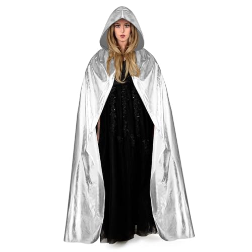 Aomig Silber Umhang Vampir Umhang Jedi Mantel Mittelalter Umhang mit Kapuze Erwachsene Unisex Scream Kinder Cape Kostüm Damen Halloween Costume Maskerade Familienfeier Herren Karneval Cosplay-150cm