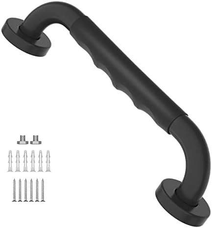 12 Inch Black Shower Grab Bar w/ Anti Slip Rubber Grip, ZUEXT Stainless Steel Bath Grab Bar, Bathroom Balance Bar, Wall Mount Safety Handrail Support, Handicap Injury Elderly Senior Assist Handle