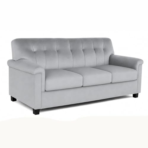 Image of FURNY Woodswave 5 Seater 3+1+1+2 Puffy Sofa Set for Living Room in Premium Velvet Finish (Light Grey) Durable & Comfortable Ideal for Living Rooms